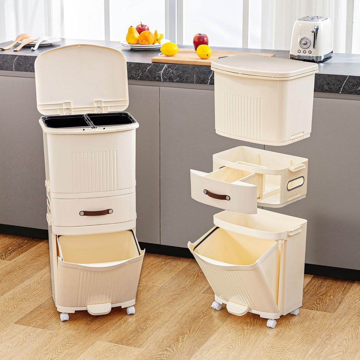 12-Gallon Elevated Trash Can Recycle Bin with Lid on Wheels in Cream - Metromarketstore