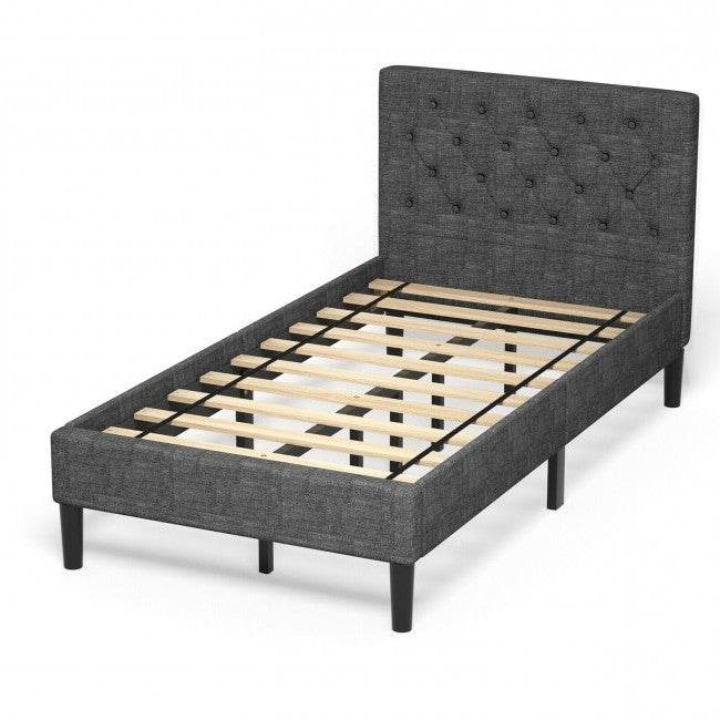 Twin Size Grey Upholstered Button Tufted Headboard Platform Bed - Metromarketstore