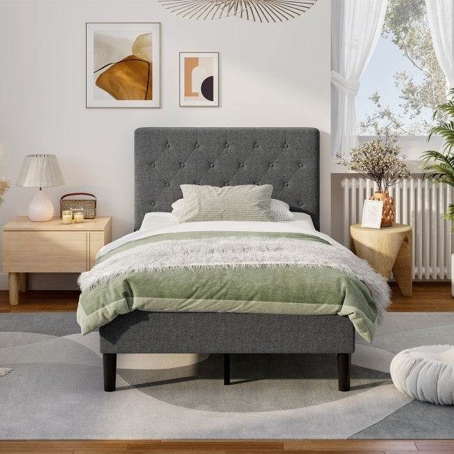 Twin Size Grey Upholstered Button Tufted Headboard Platform Bed - Metromarketstore