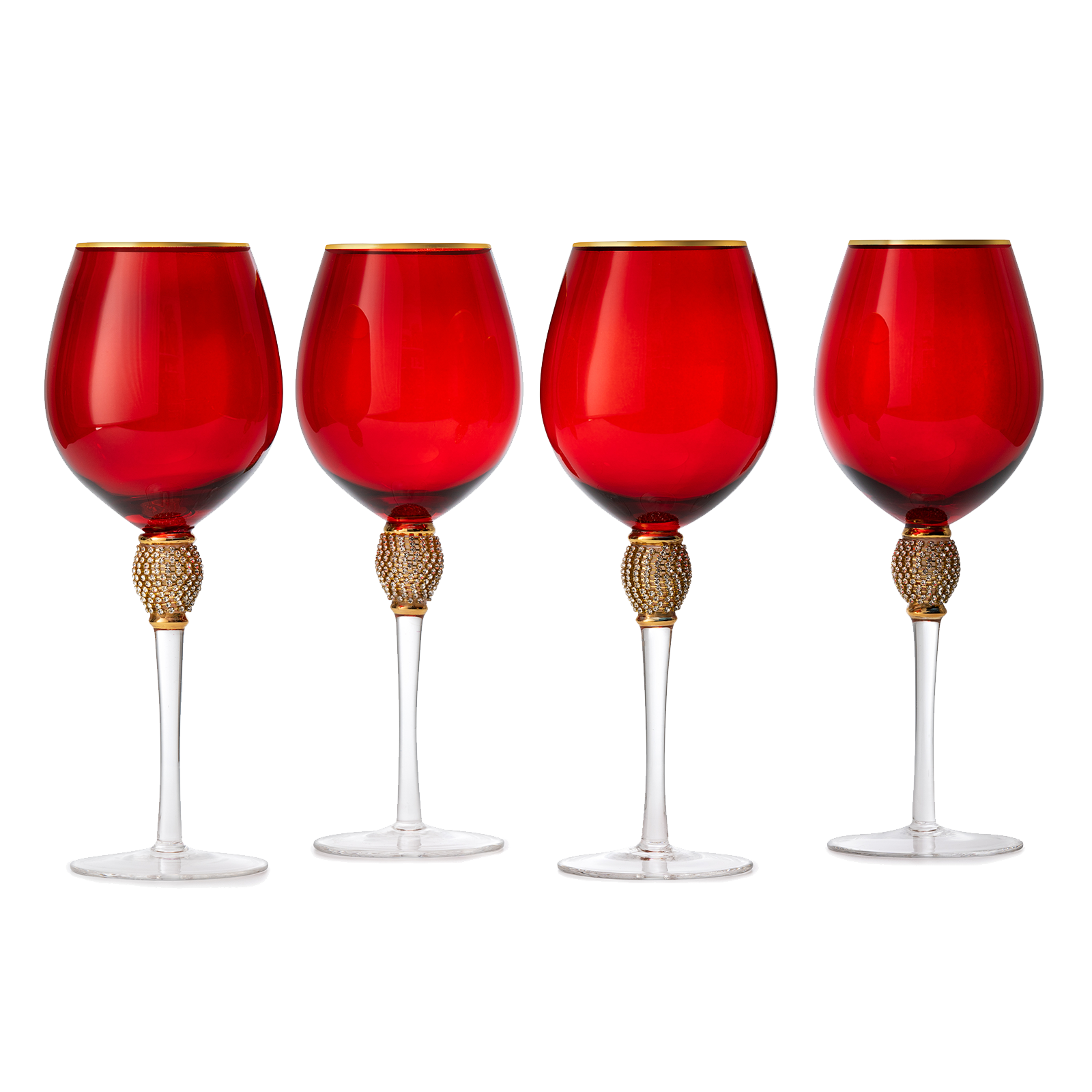 The Wine Savant Large Diamond Wine Glasses, 10" H Gold Rim Rhinestone Diamond Glasses - Wedding Glasses - 18 Ounce, Premium Designed Wine Glasses for Spirits and Wine, Gift Boxed (4, Red) - Metromarketstore