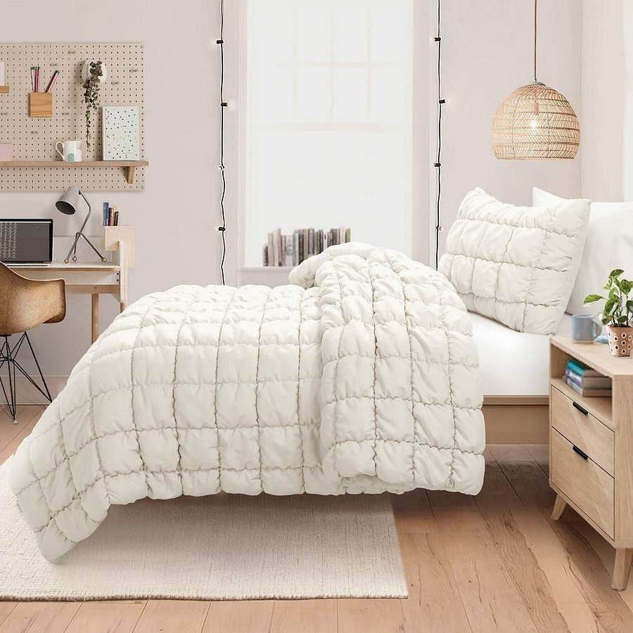 Full/Queen Soft Lightweight Puff Textured 3-Piece Comforter Set in Off White - Metromarketstore