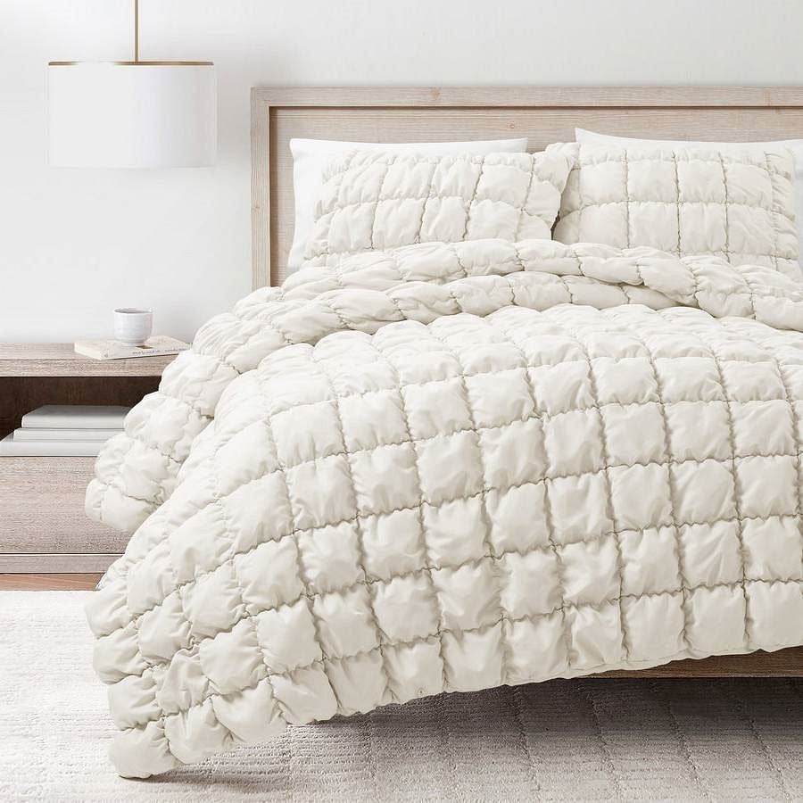 Full/Queen Soft Lightweight Puff Textured 3-Piece Comforter Set in Off White - Metromarketstore