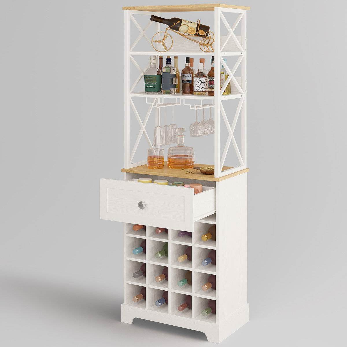White/Natural Wine Bottle & Glass Rack Cabinet Bar Storage - Metromarketstore