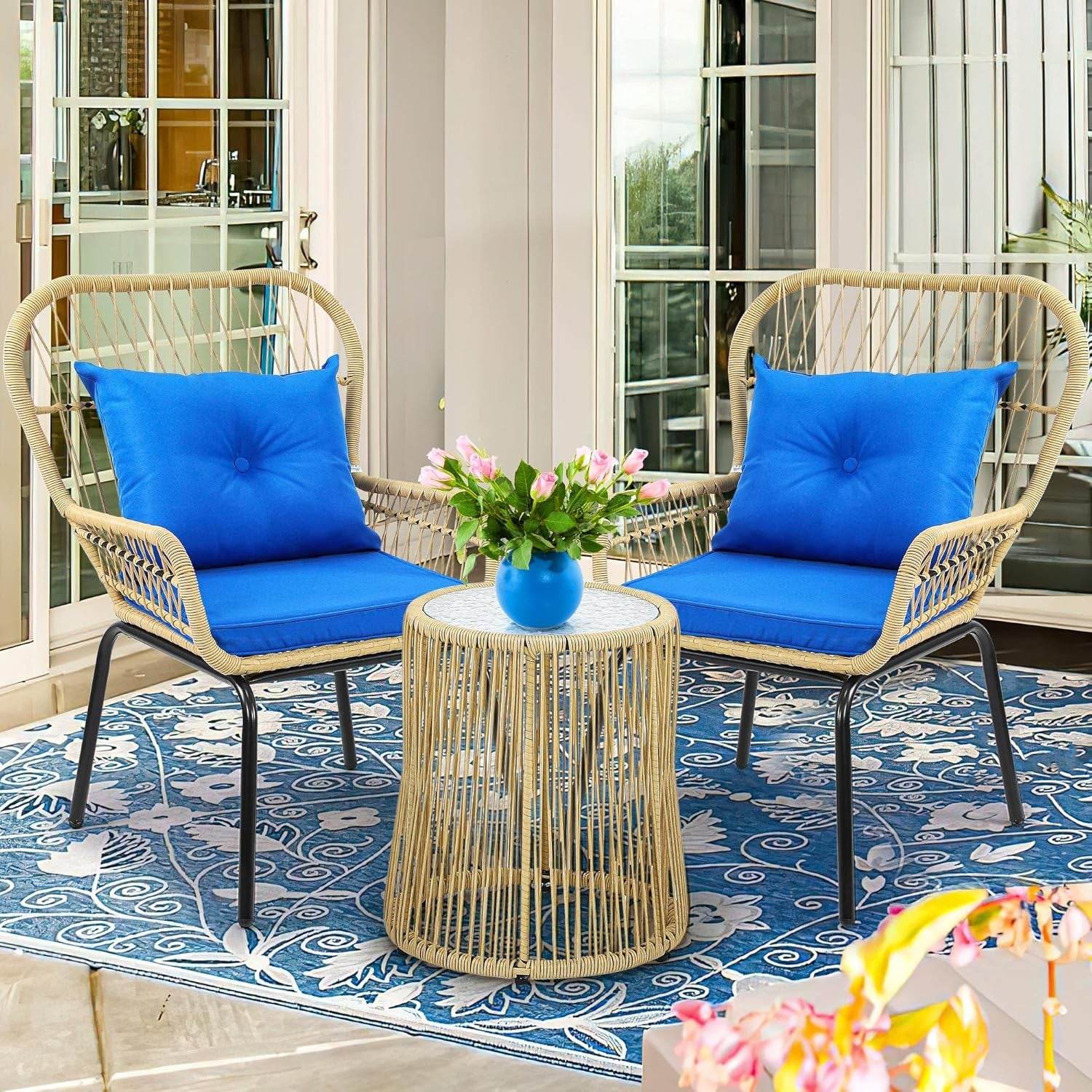 3-Piece Outdoor Patio Furniture Wicker Bistro Set, All-Weather Rattan Chairs (Light Brown+Navy Blue) - Metromarketstore