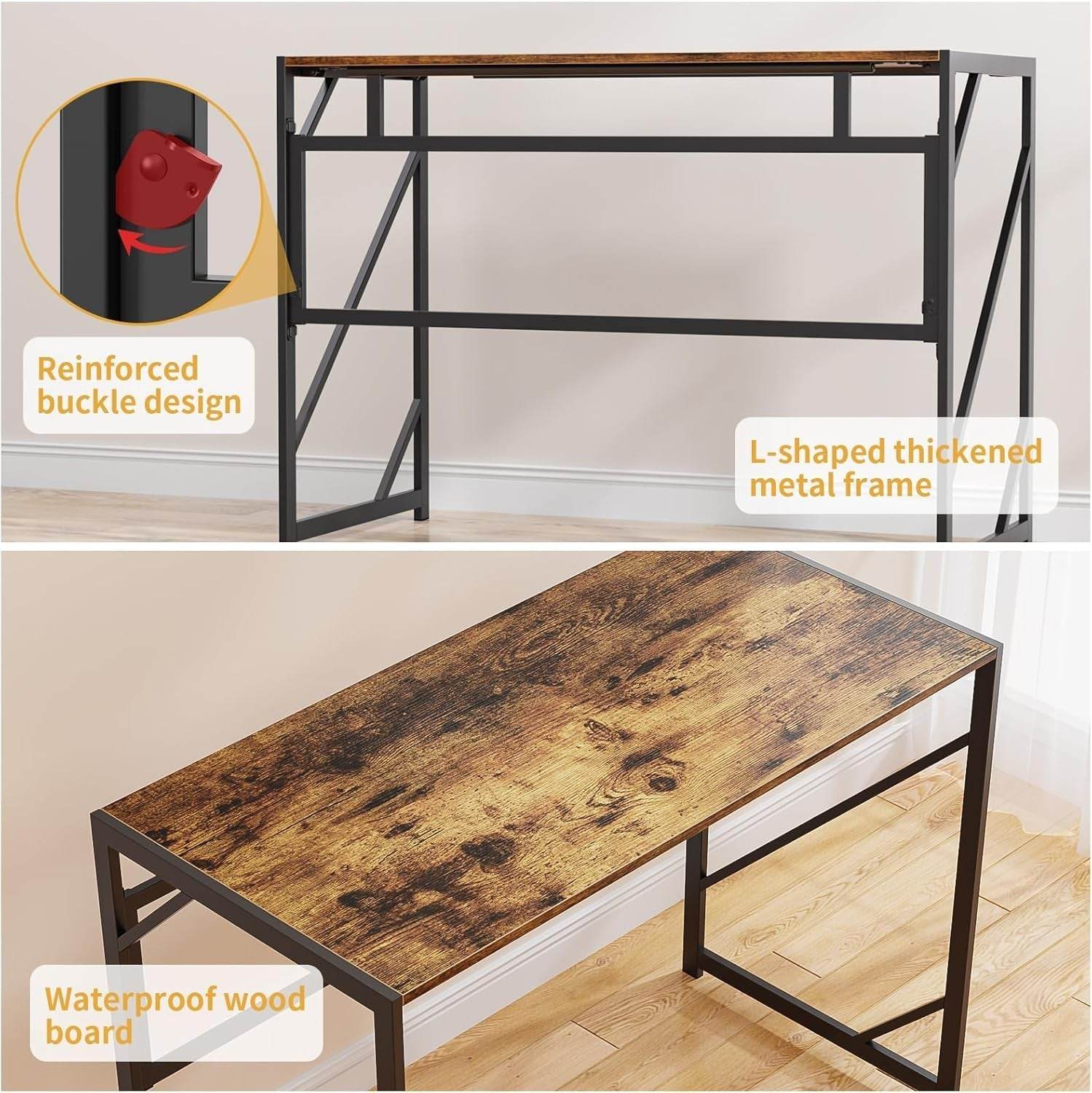 Folding Desk Writing Computer Desk for Home Office, No-Assembly Study Office Desk Foldable Table for Small Spaces-3