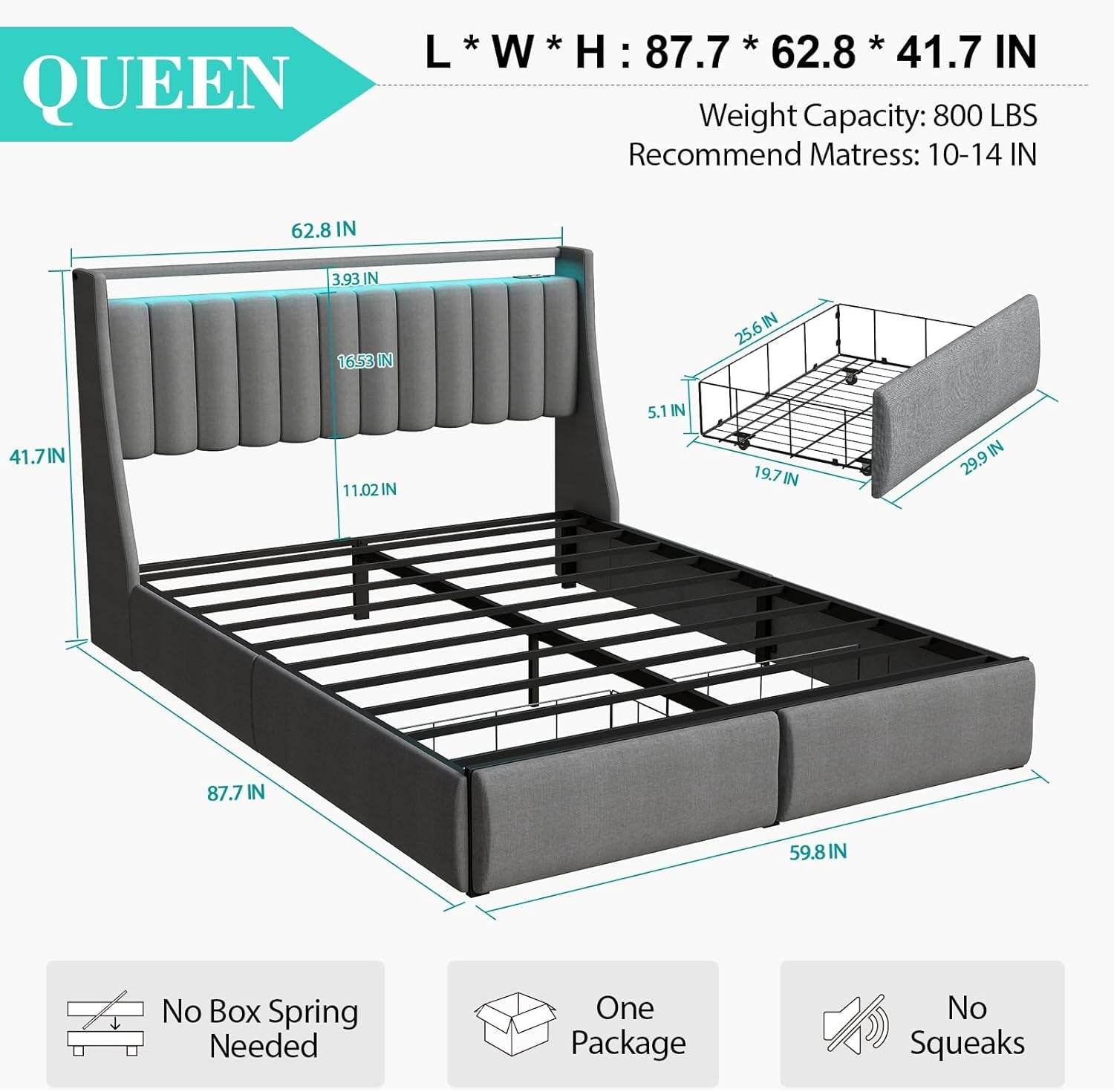 Queen Bed Frame with 2 Storage Drawers, Platform Bed Frame Queen Size with LED Light in Gray - Metromarketstore