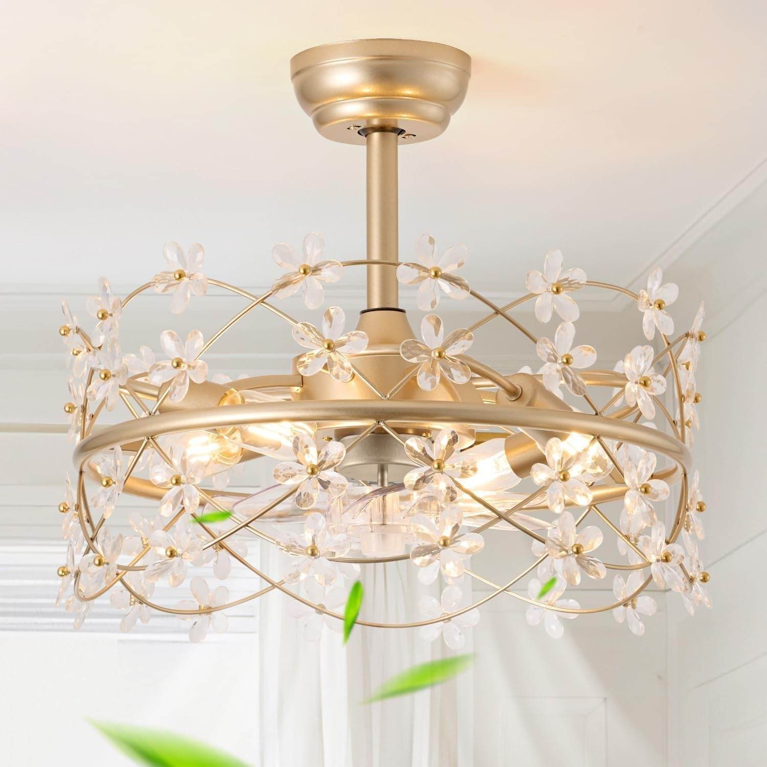20 Inch Gold Caged Ceiling Fan with Light, Flower Chandelier Ceiling Fan with Lights Remote Control, Modern Crystal Fandelier 6 Speeds for Girl'S Bedroom, Living Room - Metromarketstore