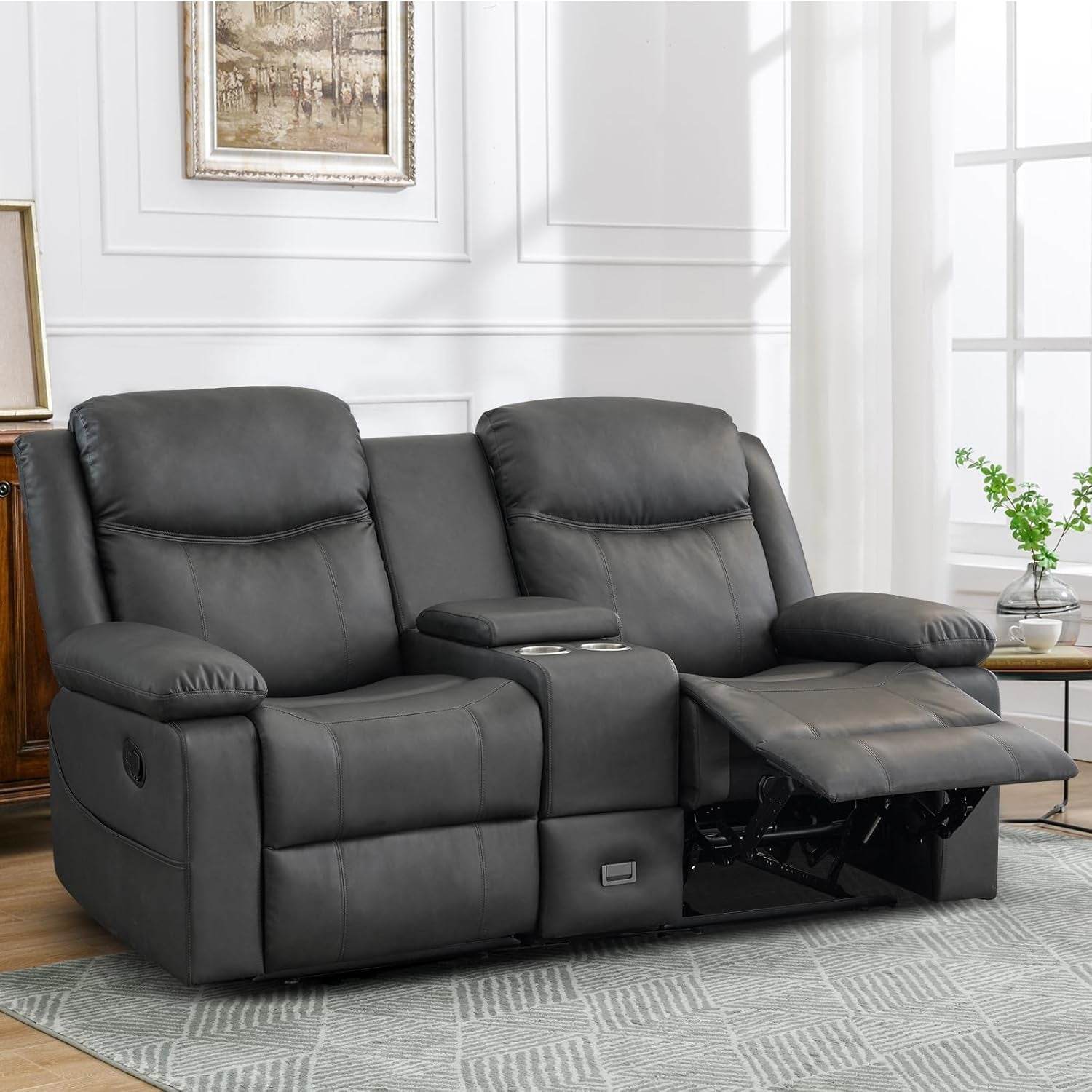 Loveseat Recliner, Reclining Loveseat with Console, Double Reclining Loveseat, 2 Seater Manual Reclining Couch for Living Room, Office, Home Theater(Pu-Grey) - Metromarketstore