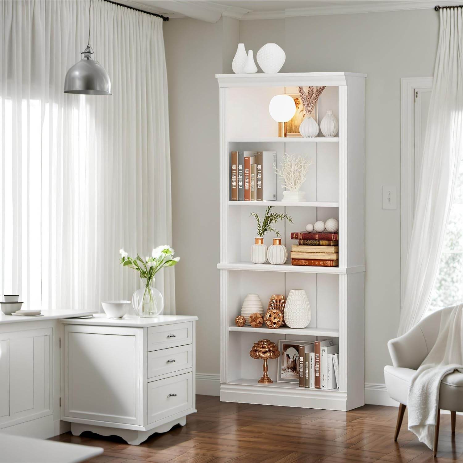 White 5 Tier Tall Bookcase Large Storage-3