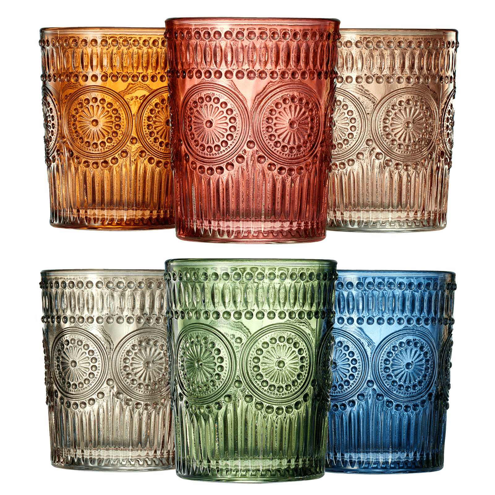 Colored Vintage Drinking Glasses Set | Set of 6 | Tumbler Hobnail 10 OZ Muted Bubble Design Whiskey Glassware, Old-Fashioned, Embossed Design Glass for Water, Wine, Cocktail HAND WASH ONLY - Metromarketstore