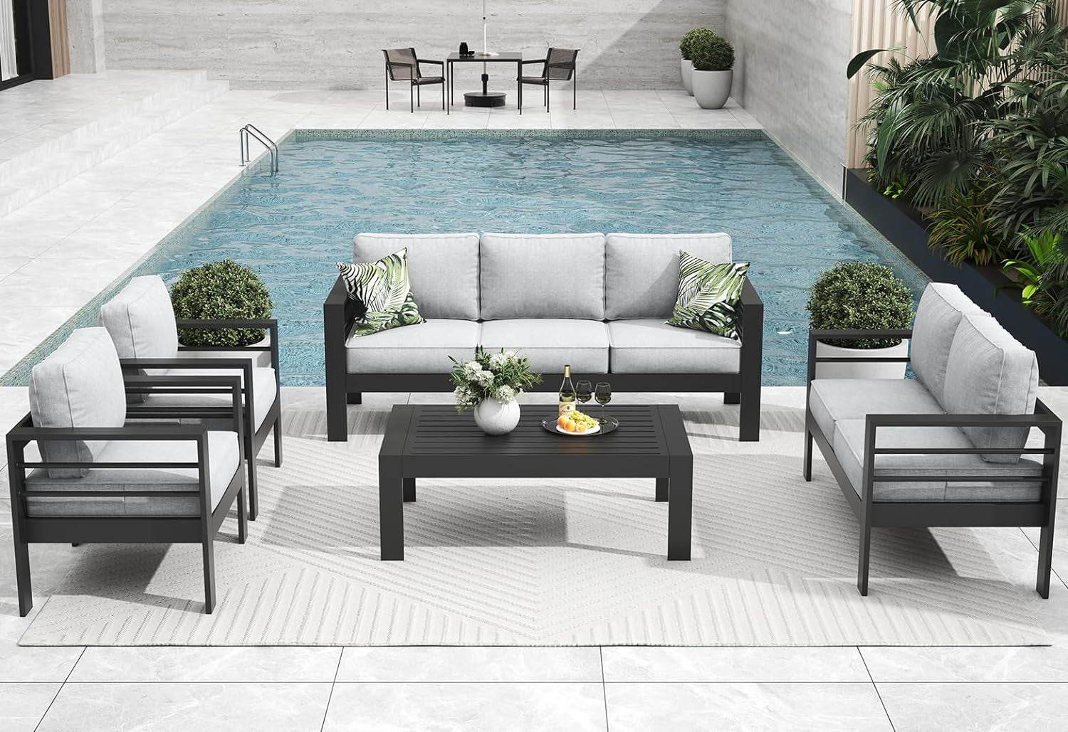 5 Pieces Modern Aluminum Patio Furniture Set, Outdoor Conversation Sets Metal Sectional Sofa with Coffee Table - Metromarketstore