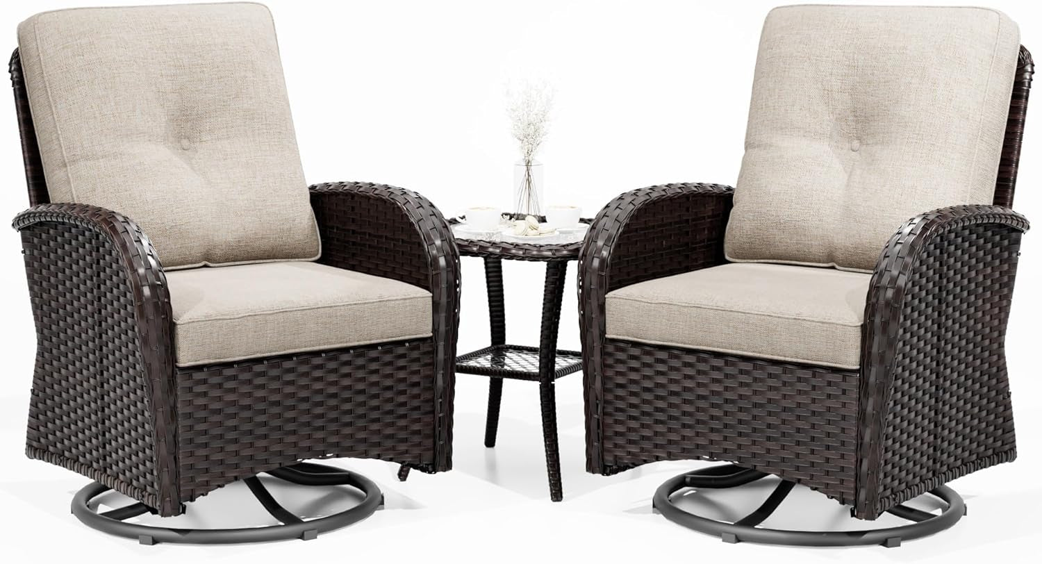Outdoor Swivel Rocker Chairs 3 Piece Wicker Set Cushioned-0