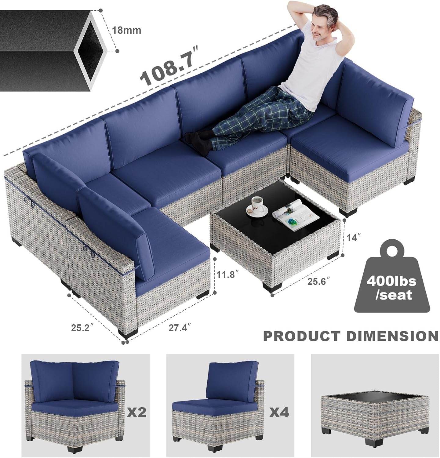 7-Piece Patio Furniture Set, Outdoor Patio Furniture with Thick Cushions, Modular Patio Sofa, Dual-Strand Wicker Rattan, Rust-Resistant Frame, Backyard Furniture for Garden, Deck, Navy Blue - Metromarketstore