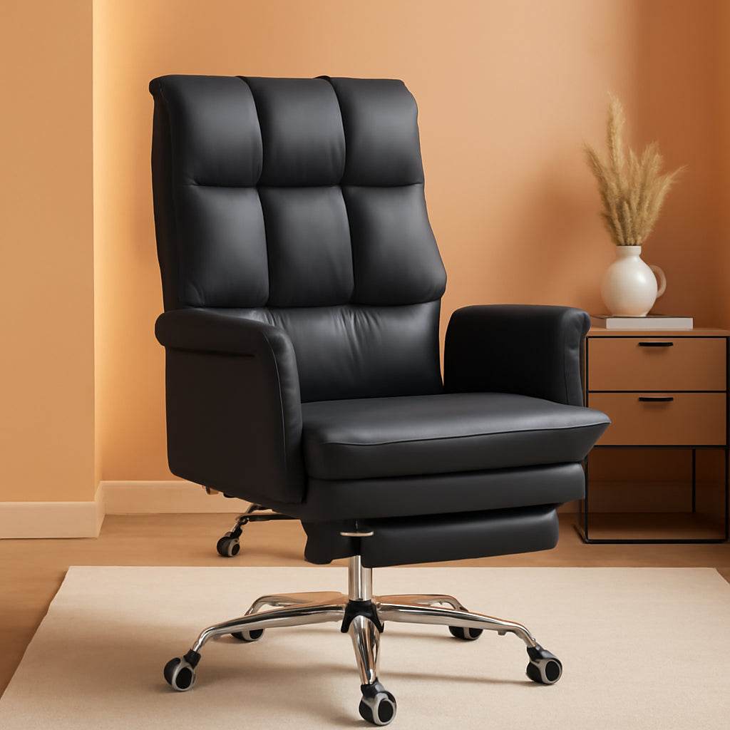 Executive Office Chair, PU Leather Ergonomic Office with Footrest in Black - Metromarketstore