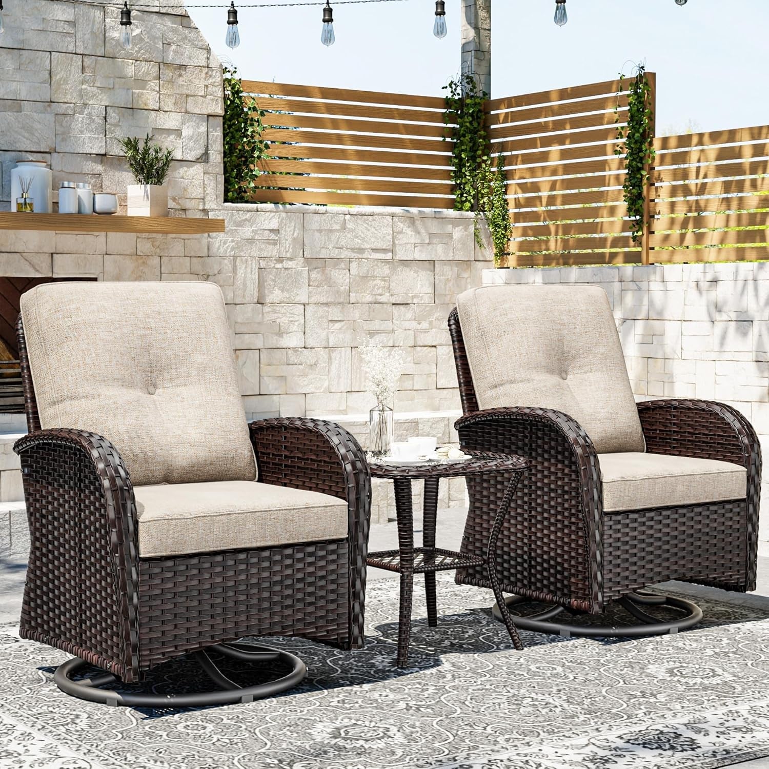 Outdoor Swivel Rocker Chairs 3 Piece Wicker Set Cushioned-1