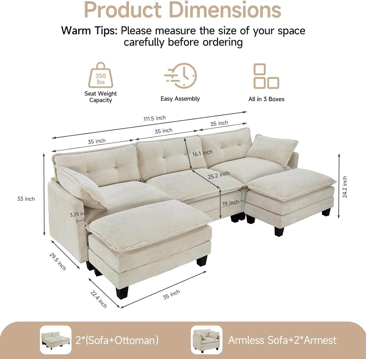 Comfy Modular Sectional Sofa With Movable Ottomans - Metromarketstore