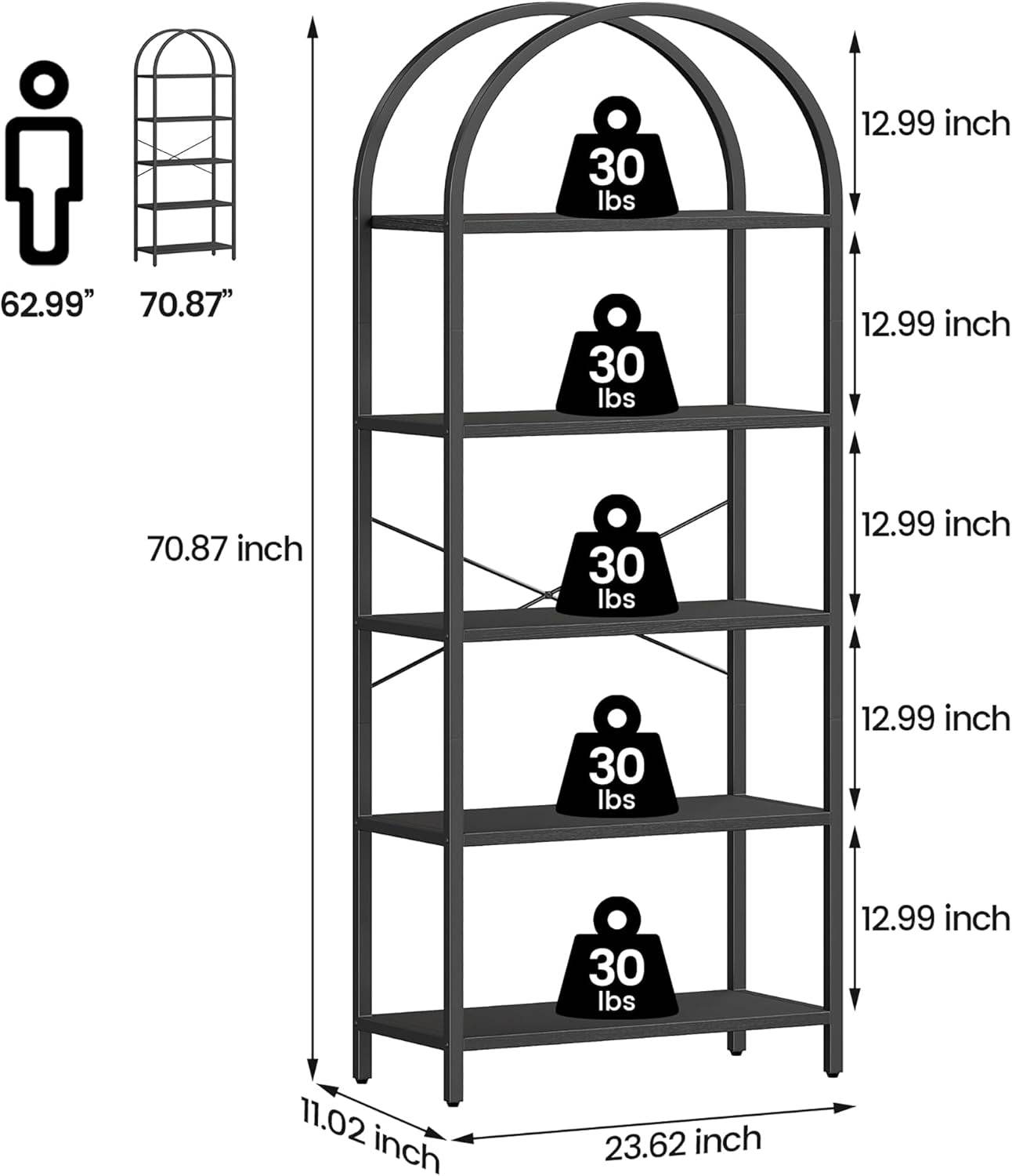 Tall Black Arched Bookcase with 5 Open Shelves-2