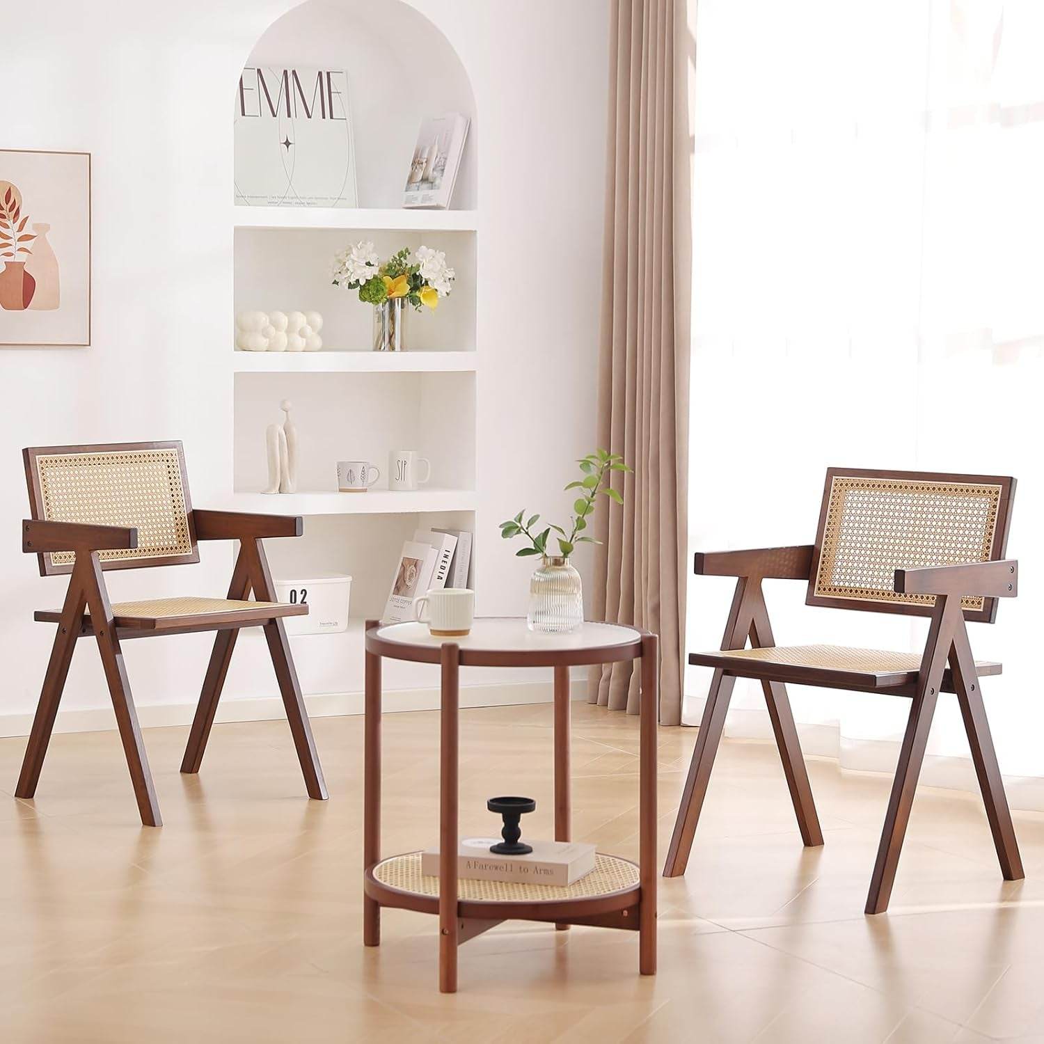 Rattan Dining Chairs Set of 2, Mid Century Modern in Walnut - Metromarketstore