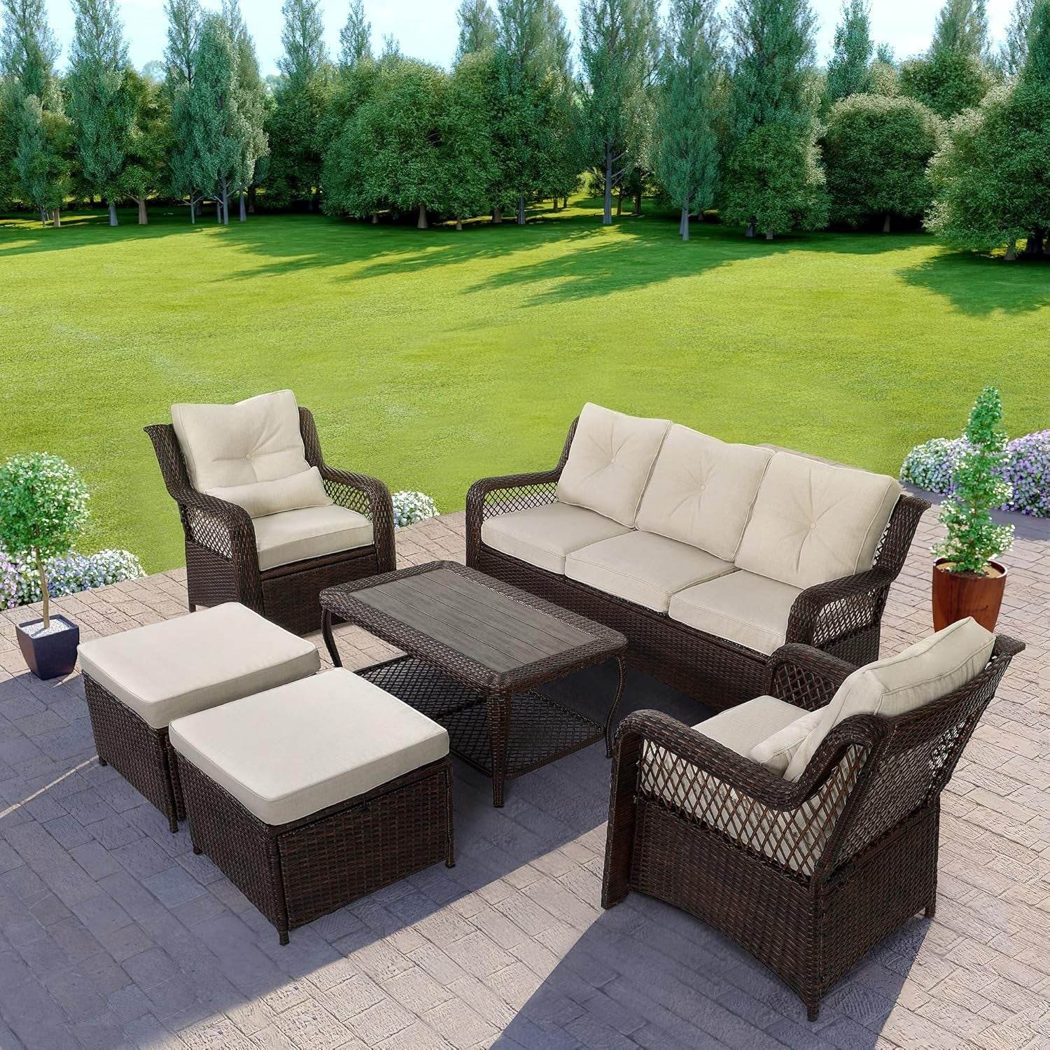 Elegant Six Piece Wicker Patio Furniture Set Outdoor - Metromarketstore