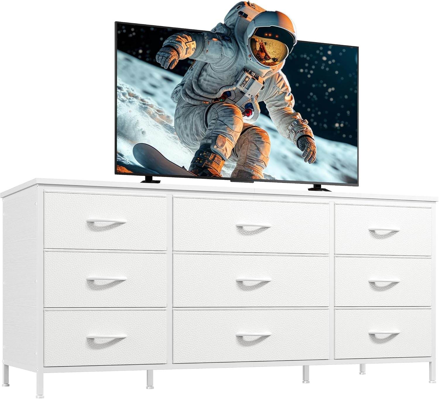 Dresser TV Stand with 9 Drawers for 60'' TV Stand for Bedroom Long Dresser for Bedroom Wide Dressers & Chests of Drawers, Sturdy Metal Frame & Wood Top, Living Room, Closet, White - Metromarketstore