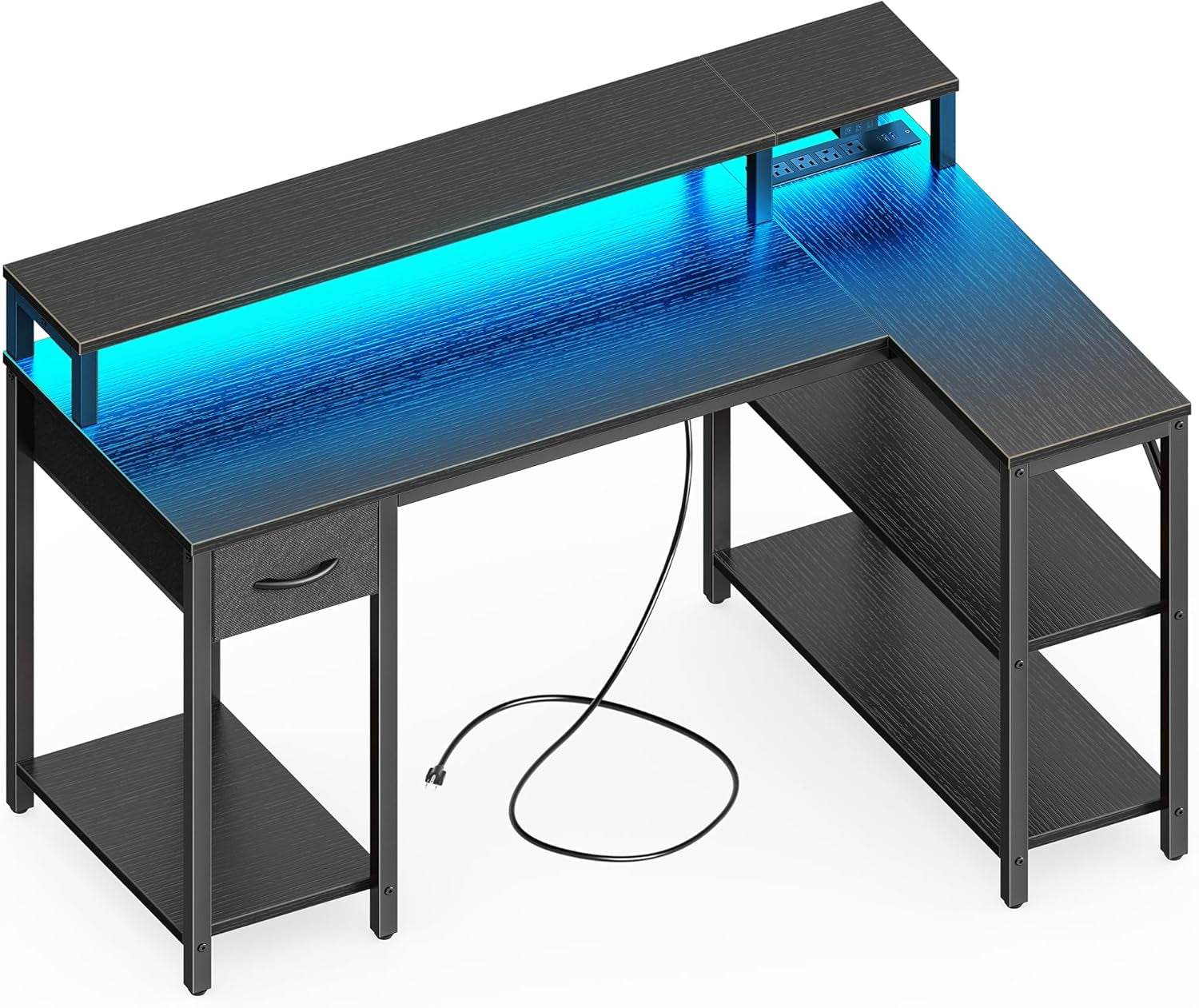 47 Inch Reversible L Shaped Desk with LED Lights & Power Outlets in Black - Metromarketstore