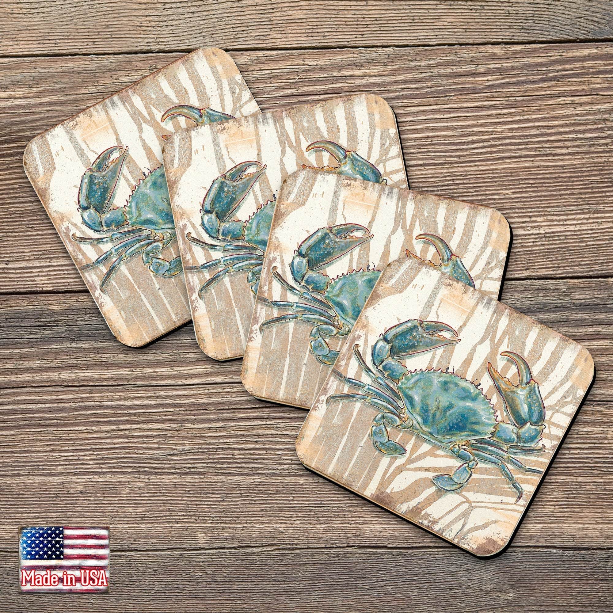 Crab Coastal Wooden Cork Coasters Gift Set of 4 by Nature Wonders - 95224-2C-S4 - Metromarketstore