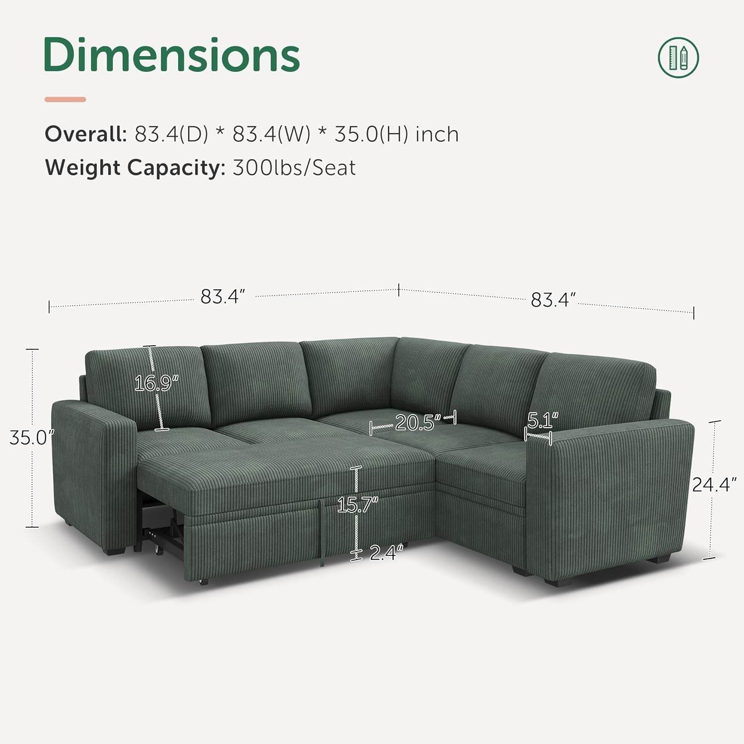 Green Corduroy Sectional Sleeper Sofa With Storage - Metromarketstore