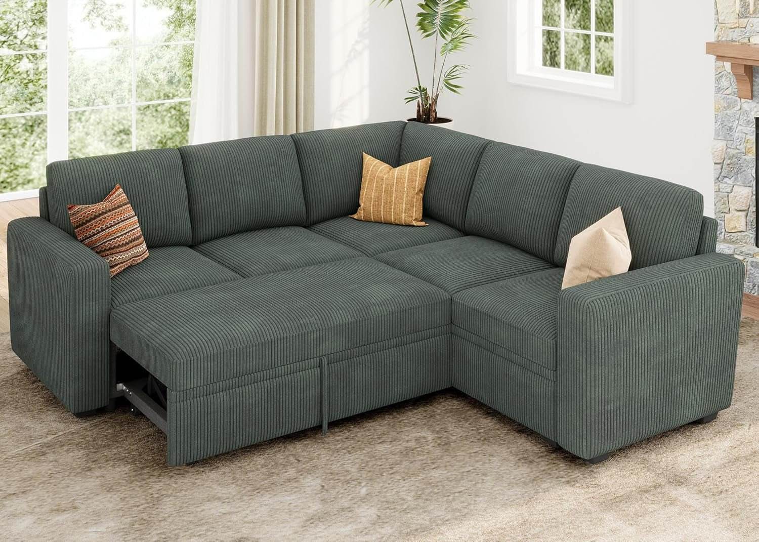 Green Corduroy Sectional Sleeper Sofa With Storage - Metromarketstore