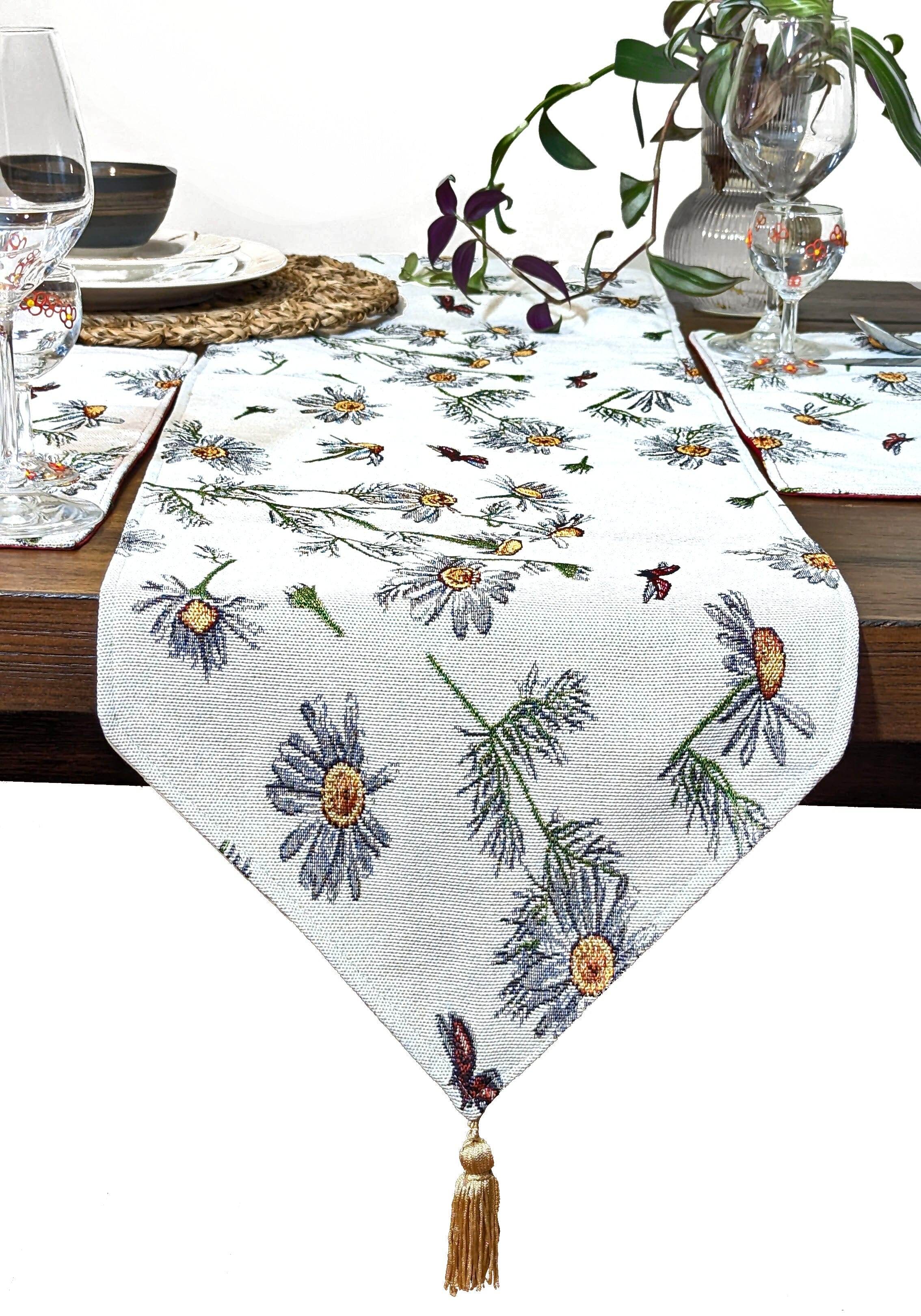 Tache Floral Yellow Daisies Ladybugs Ivory Woven Tapestry Table Runner - Metromarketstore