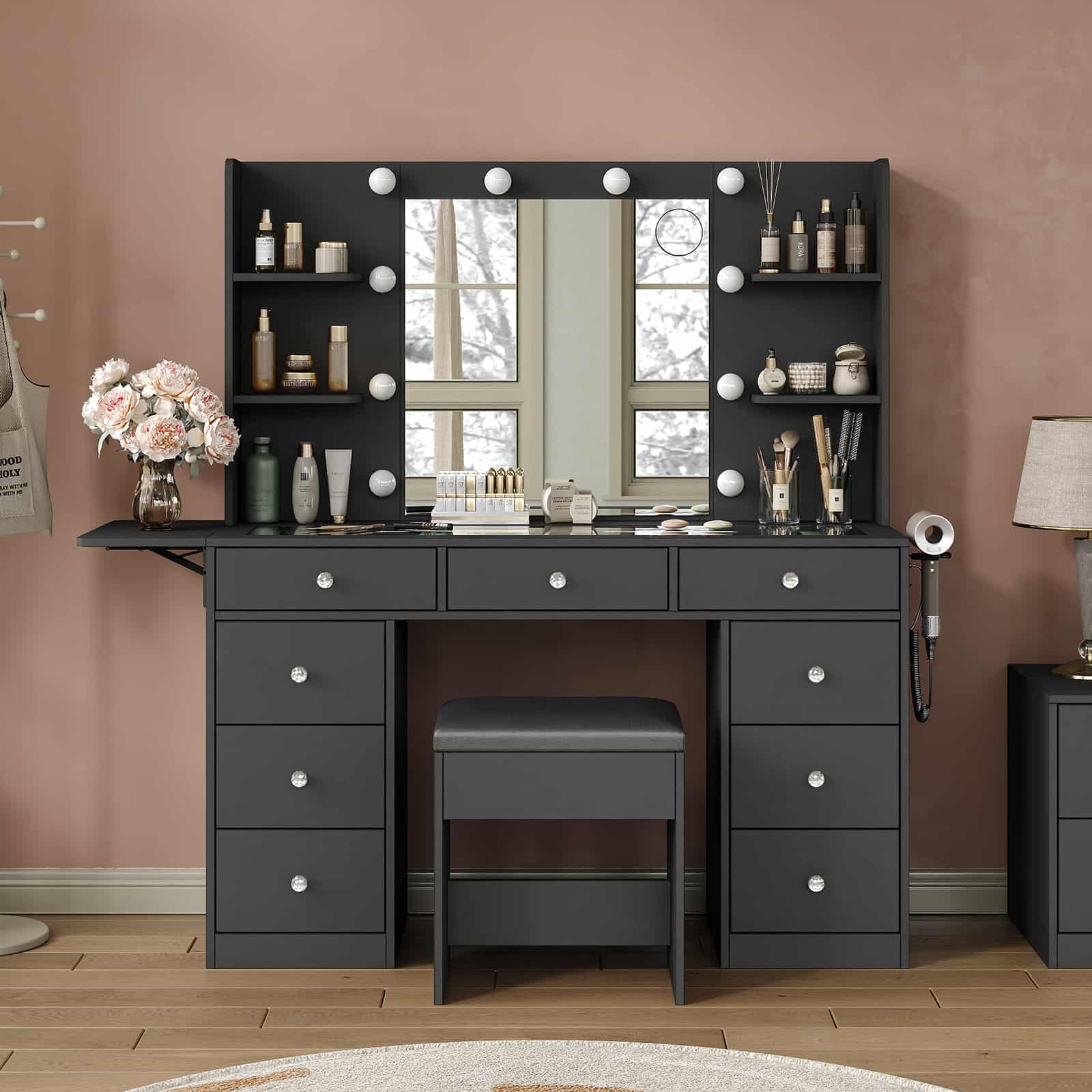Yanosaku VD020 Vanity Desk with Power Outlet, Mirror, 10 LED Lights-5